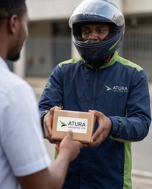 Atura rider handing a parcel to a customer at their door