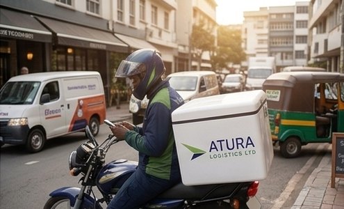 Atura rider at a city stop with a branded delivery box